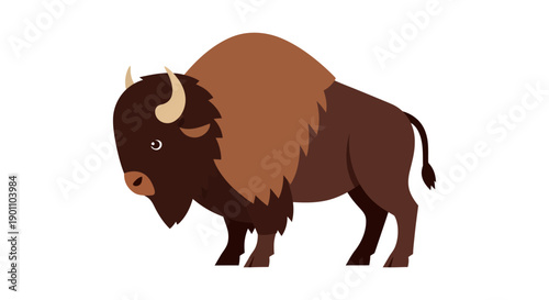 A cartoon illustration of a brown American bison with shaggy fur and horns, standing sideways on a white background.