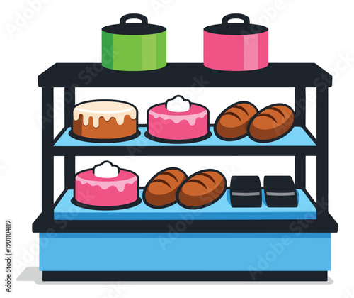 Cartoon style bakery display set featuring various pastries, cakes, and bread loaves for food industry design