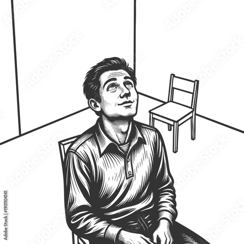 thoughtful man sitting on a chair in a minimal, empty room while gazing upward reflectively sketch engraving generative ai fictional character vector illustration. Scratch board. Black and white image