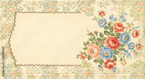Elegant vintage floral frame with a charming bouquet of colorful roses and wildflowers, on a delicate patterned background, perfect for romantic invitations, greeting cards, or labels