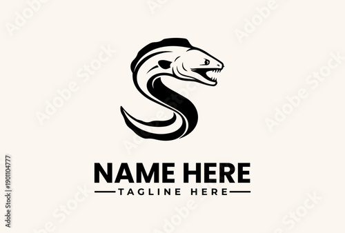 Black and white illustration of a snake's head forming a stylized letter S, with placeholder text on a beige background.