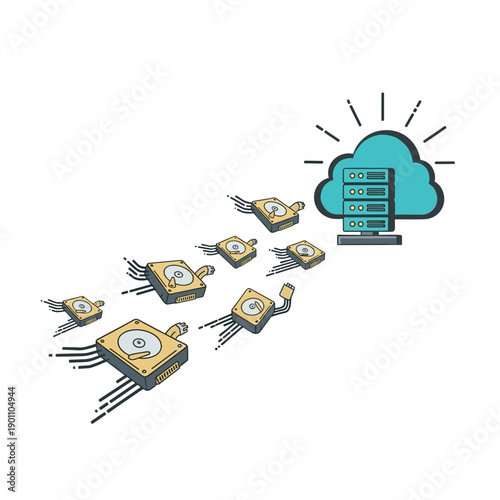 Digital cloud computing illustration with flying hard drives and server on white background