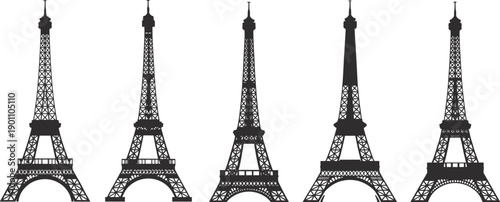 Eiffel Tower silhouette variations set, iconic Paris landmark architecture designs, black vector icons collection isolated on white background