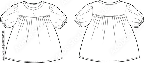 Line of two white short sleeved dresses side by side front and back view line fashion clothing