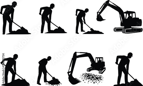 Construction worker silhouettes set with shovels and excavator, earthmoving and excavation activities, black vector icons isolated