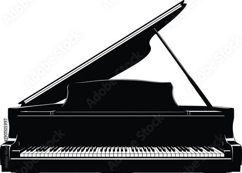 Black and white grand piano illustration with open lid and visible keyboard, classical music instrument artwork for design, education, and decoration
