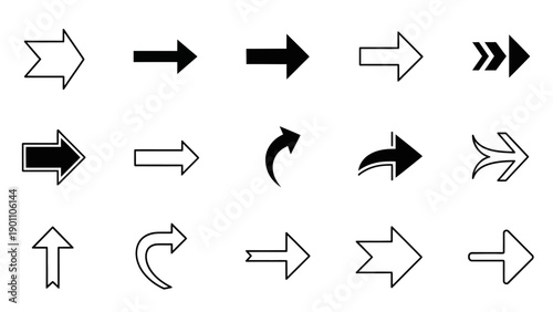 Collection of Diverse Arrow Icons and Symbols for Navigation and Direction