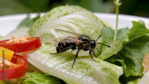 A fly rests on a fresh salad with chopped peppers and crisp lettuce leaves creating an unusual scene of nature intruding on dining