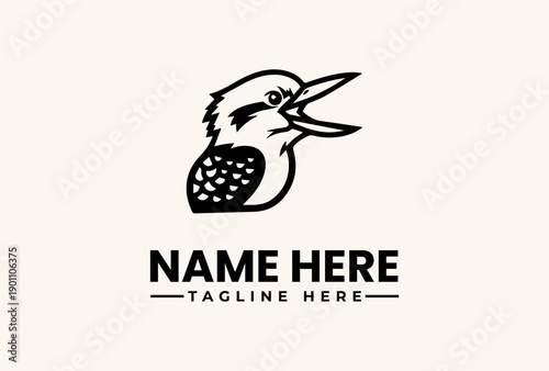 A black and white vector illustration of a kookaburra's head with a spotted breast, accompanied by a logo template with placeholder text on a plain beige background.