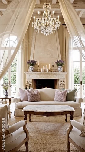 Ultra-luxury Provence style living room, spacious elegant interior with two tall arched windows, very high ceilings, refined French country architecture.