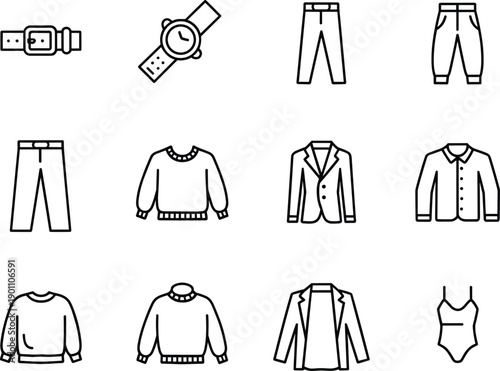 Minimal clothing and accessories line icons set featuring pants, sweaters, jackets, belt, watch, and bodysuit in outline style