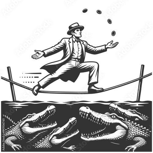 man walking a tightrope over crocodiles while juggling coins, symbolizing financial risk and balance sketch engraving generative ai vector illustration. Scratch board imitation. Black and white image.