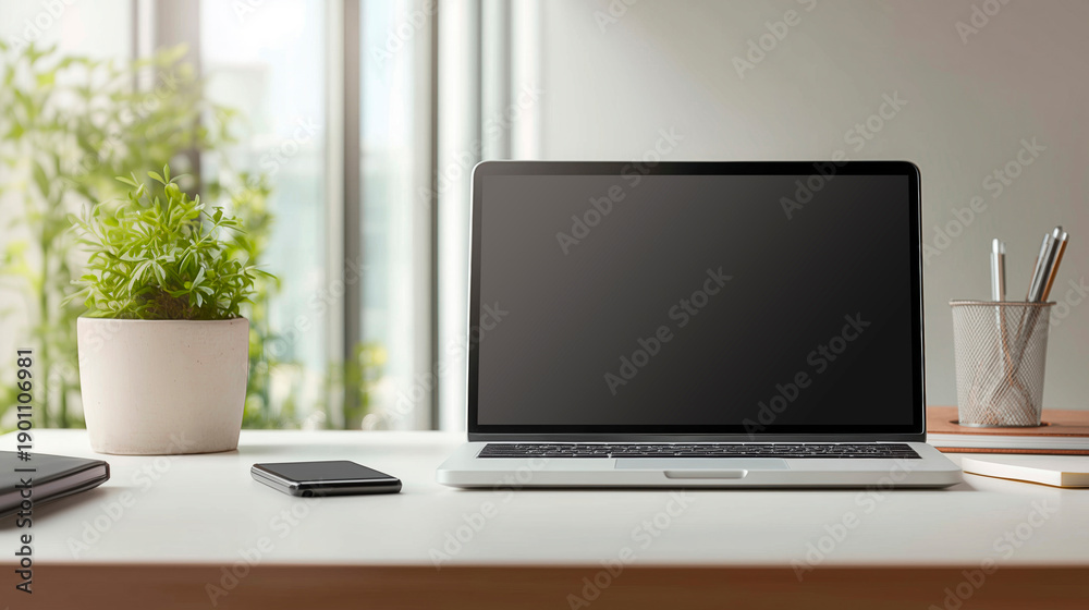 Fototapeta premium Modern workspace with laptop on desk, remote work concept