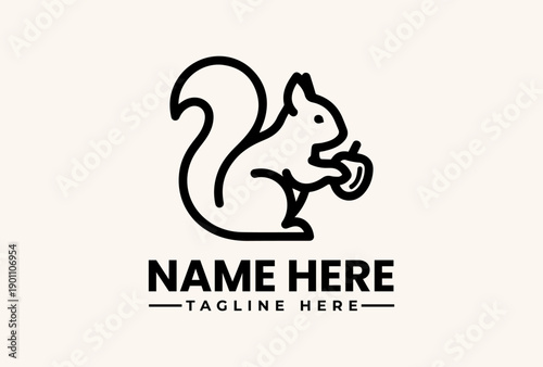 A minimalist line art illustration of a squirrel holding an acorn, with placeholder text for a company name and tagline on a clean white background, featuring a simple logo design.