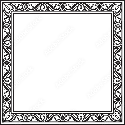 Vector black monochrome square stencil classic byzantine ornament. Rectangle, border, Ancient Greece, Eastern Roman Empire frame. Decoration of the Russian Orthodox Church