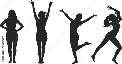 Happy dancing woman silhouettes set, female celebrating freedom and joy with expressive poses, black vector icons isolated on white