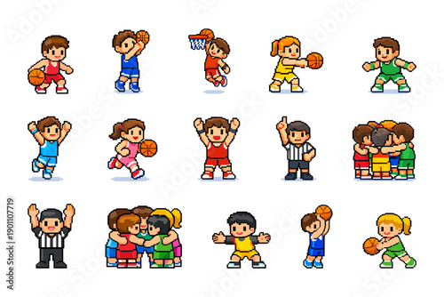 Pixel art basketball characters engaged in playful actions