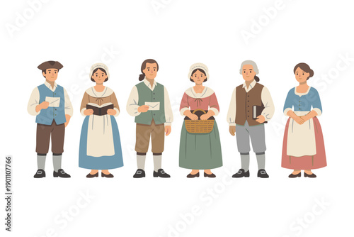 Historical characters in traditional attire with mixed genders and ages