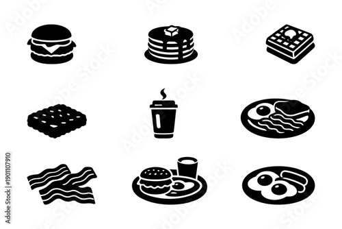 Breakfast and fast food icons: burgers, pancakes, waffles, coffee, bacon, eggs