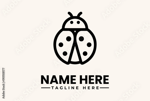 A simple black and white illustration of a ladybug logo with a customizable name and tagline on a clean white background.