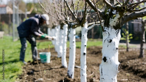 Persona realiza trabajos de mantenimiento y blanqueo en una fila de árboles frutales en el huerto.
