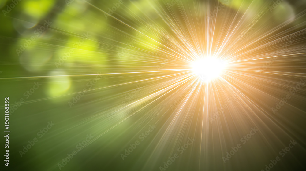 Fototapeta premium A beautiful sunbeam breaking through lush green foliage, creating a serene and vibrant atmosphere in nature.