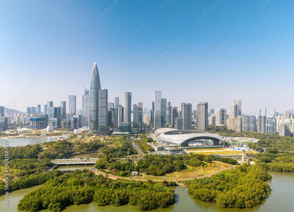Obraz premium Aerial view of Skyline of Houhai CBD buildings in Nanshan District, Shenzhen, China.