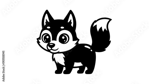 Cute cartoon husky puppy, black and white, playful, isolated on white background, vector illustration