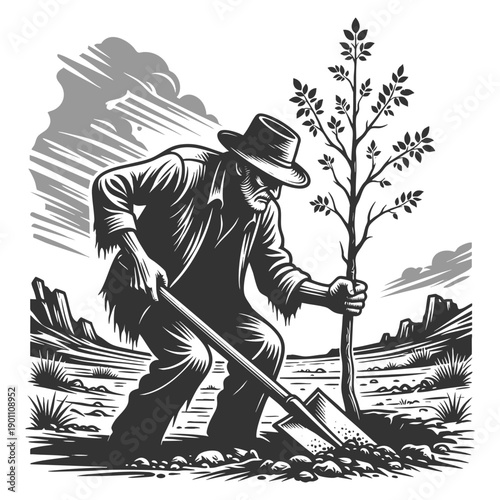 older man planting a tree in a desolate landscape, symbolizing legacy, hope, and resilience sketch engraving generative ai fictional character vector illustration. Scratch board. Black and white image