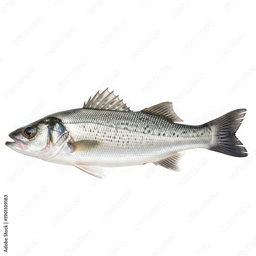 Obraz premium Single striped bass fish with visible whiskers and scales facing left isolated on a transparent background
