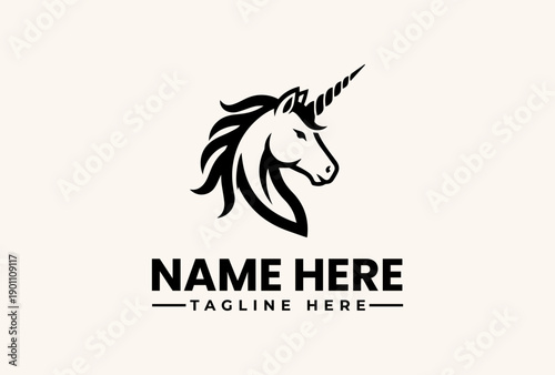 A black and white illustration of a unicorn head logo with a place for a name and tagline on a beige background.
