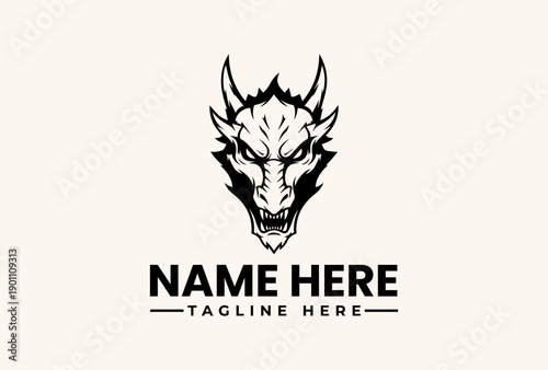 A black and white illustration of a dragon's head logo with sharp horns and a fierce expression, accompanied by placeholder text for a name and tagline on a clean white background.