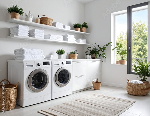 Bright laundry room with white washer/dryer, shelves of towels, and plants
