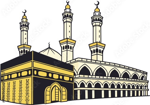 Makkah and Madinah Illustration for Islamic Landmarks. Holy Cities Makkah and Madinah Illustration Design. Masjid al-Haram and Masjid Nabawi Illustration. Makkah Kaaba Illustration with Madinah Mosque