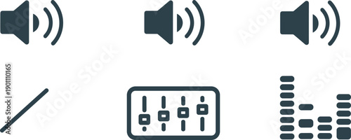 Set of audio volume control icons including speaker levels, mute symbol, equalizer sliders, sound interface elements isolated on white background