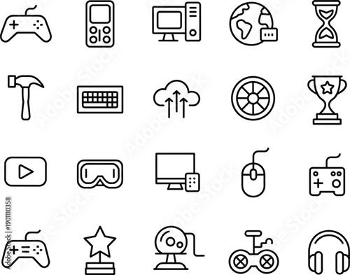 Set of twenty black outline video game icons featuring controllers computers headsets trophies virtual reality and cloud gaming elements for gamers