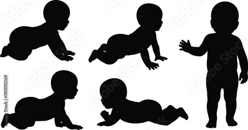 Set of baby silhouettes crawling, sitting and standing, child development stages, infant growth poses, isolated on white background