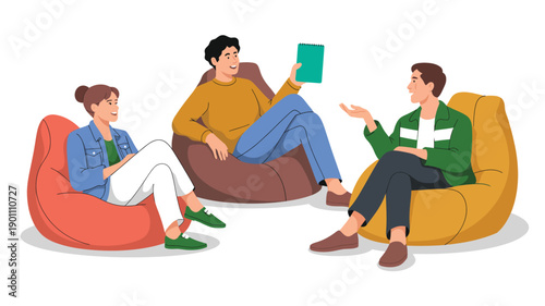 Friends relaxing together and talking while sitting on bean bags indoors, casual social gathering and communication concept, modern flat vector illustration for lifestyle themes 