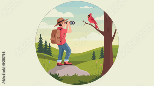 Hiker observing nature with binoculars in mountain landscape, outdoor adventure and wildlife exploration concept, modern flat vector illustration for travel and nature themes