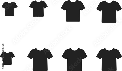 Set of black t shirt silhouettes in multiple sizes, clothing apparel icons, fashion garment collection isolated on white background