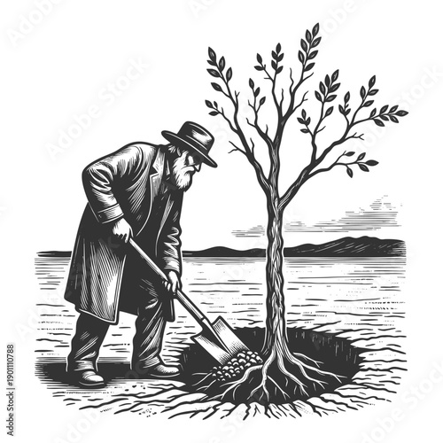 older man planting a tree in a desolate landscape, symbolizing legacy, hope, and resilience sketch engraving generative ai fictional character vector illustration. Scratch board. Black and white image