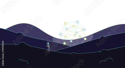 Adventurous astronaut traversing a rugged alien landscape, approaching a vibrant glowing geometric structure under a deep blue sky.