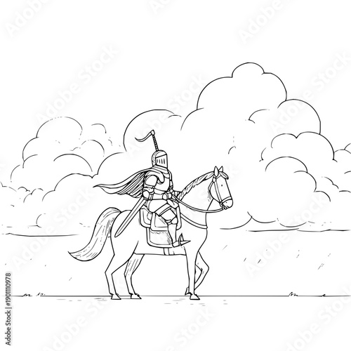 Warrior Riding Horse under Cloudy Sky