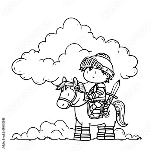 Knight Riding Horse with Sword under Cloudy Sky