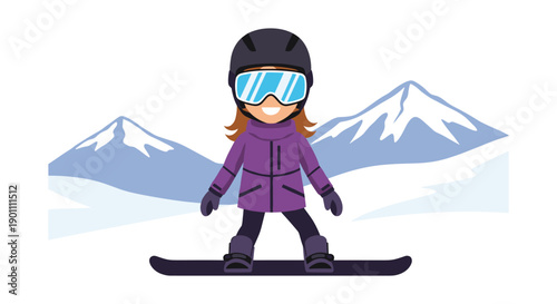 Joyful girl snowboarding down a snowy slope, wearing a black helmet, blue goggles, and purple jacket, with majestic mountains in the distance.