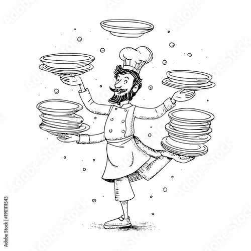 Chef Juggling Multiple Plates in Air