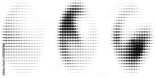 Set of halftone dots gradient pattern texture isolated on white background. Straight dotted spots using halftone circle dot raster texture. Vector blot half tone collection. eps10