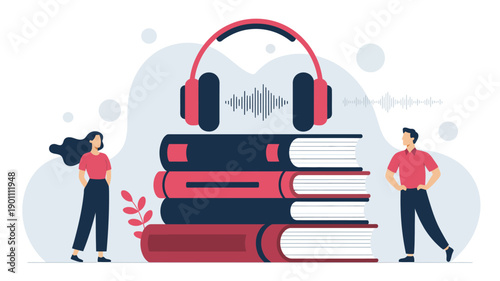 Audiobook and online learning concept with headphones on stacked books, people listening to audio education content, modern flat vector illustration for knowledge and study themes 
