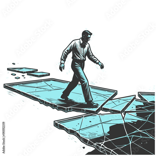 man cautiously walking across a shattering glass bridge, symbolizing fragile trust and risky decisions sketch engraving generative ai vector illustration. Scratch board imitation. Black and white.