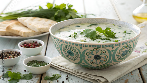 Azerbaijan Traditional Dovga Yogurt and Herb Soup in Authentic Cultural Setting